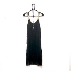 Flapper 1920’s Gilded Age Gatsby black fringe dress costume evening gown